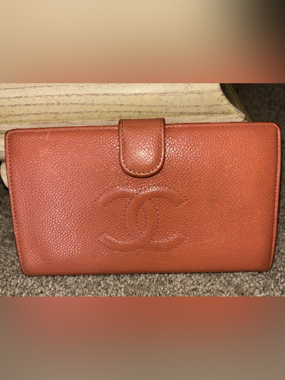 CHANEL Orange Caviar Leather Wallet